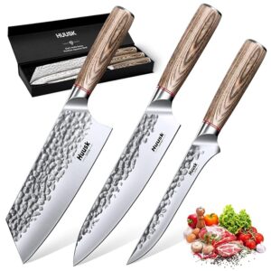 Huusk Japanese Kitchen Knife Set, 3-Piece Professional Chef Knives Set for Kitchen, Hand Forged Butcher Knife Set for Meat Cutting, Meat Cleaver Boning Knife with Pakkawood Handle, Gift for Men