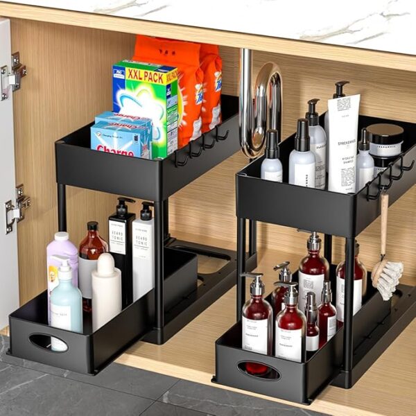 PUILUO Under Sliding Cabinet Basket Organizer, 2 Tier Under Sink Organizers Black Under Sink Storage for Bathroom Kitchen - Image 5