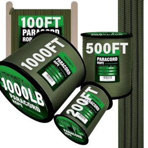 1000Ib Paracord Rope - 100ft / 200ft / 500ft / 1000ft 4mm,12 Strand Parachute Spool Cord,para Cord Lanyard for Camping,Hammock,Clothsline,Hiking,Fishing,Survival braceletand Survival - ArmyGreen 100FT