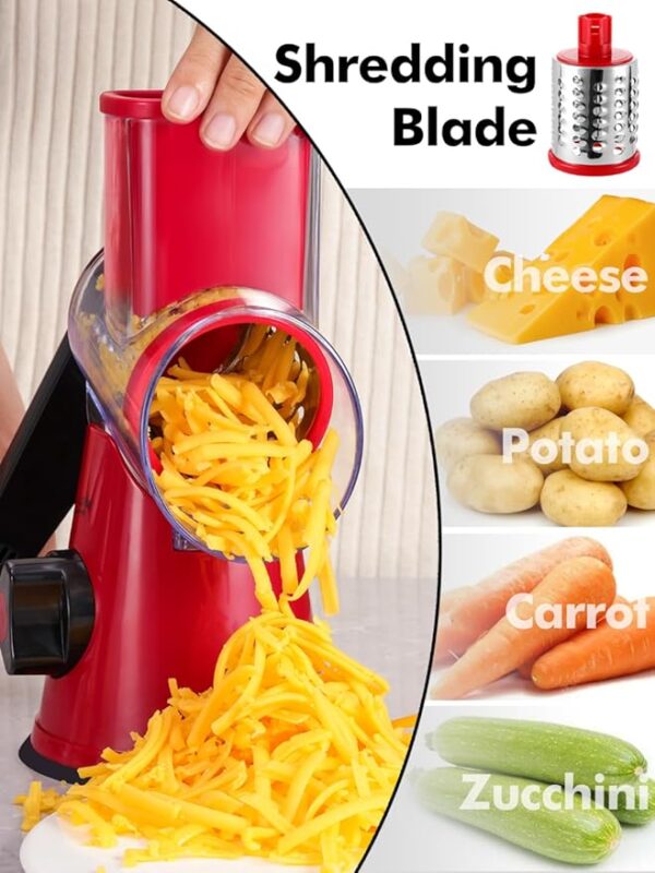 Rotary Cheese Grater with Handle - 3 in 1 Cheese Shredder Rotary Grater Stainless Steel Handheld, Vegetable Slicer for Fruit, Cheese, Nuts(Red) - Image 4