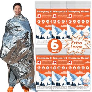 6 Pack Emergency Thermal Blanket Survival, 84â x 64â Extra Large Mylar Blankets for Outdoor, Space Blanket, Silver Foil for Survival, Survival Kit Camping Blankets, Body Warmer, Hiking