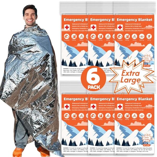 6 Pack Emergency Thermal Blanket Survival, 84â x 64â Extra Large Mylar Blankets for Outdoor, Space Blanket, Silver Foil for Survival, Survival Kit Camping Blankets, Body Warmer, Hiking