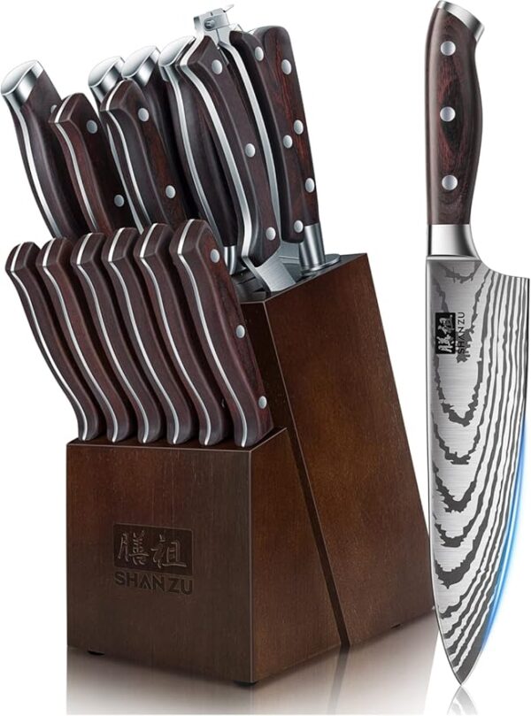 SHAN ZU Knife Set 16 pcs, Japanese Kitchen Knife with Block High Carbon Stainless Steel Ultra Sharp Knife for Kitchen, Professional Chef Knife Set with Sharpener - Image 2