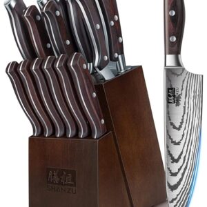 SHAN ZU Knife Set 16 pcs, Japanese Kitchen Knife with Block High Carbon Stainless Steel Ultra Sharp Knife for Kitchen, Professional Chef Knife Set with Sharpener