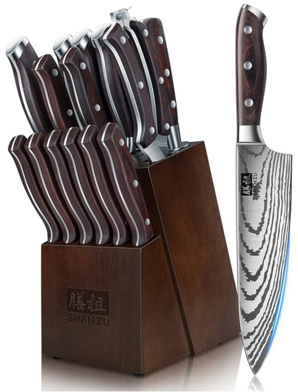 SHAN ZU Knife Set 16 pcs, Japanese Kitchen Knife with Block High Carbon Stainless Steel Ultra Sharp Knife for Kitchen, Professional Chef Knife Set with Sharpener