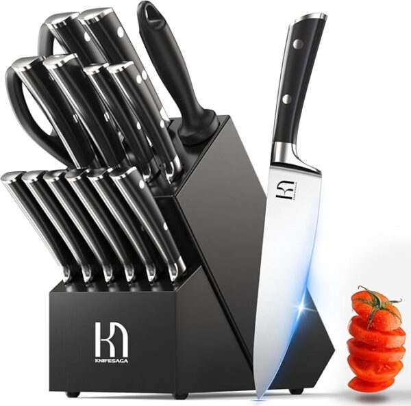 2025 Knife Set 15 Pcs Japanese High Carbon Stainless Steel Kitchen Knife Sets with Block & Sharpener, Premium Razor-Sharp Black Knives Block Set for Kitchen, Ergonomic Full-Tang Handle - Image 2