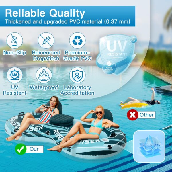 River Tube Floats for Adults Heavy Duty Pool Floats Inflatable Water Tube with Cup Holeder, Drink Cooler and Mesh Bottom Backrest (2 Pack Single/Double) - Image 7