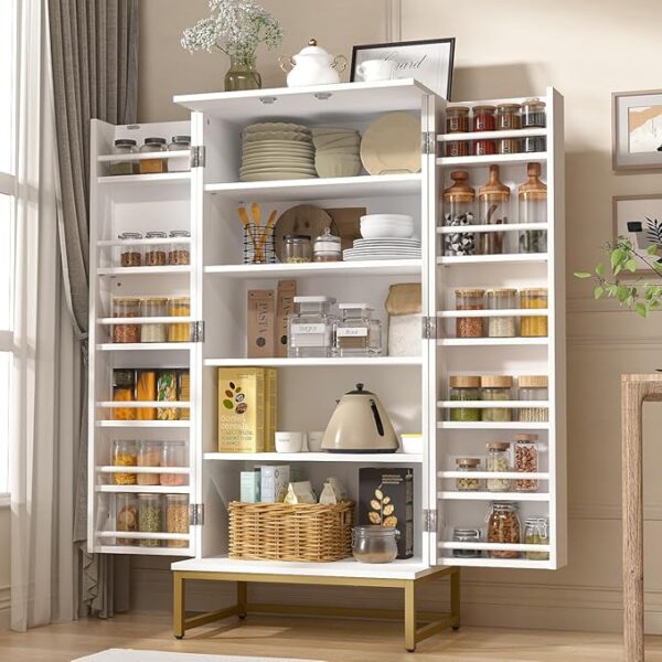 51â Pantry Cabinets, White Freestanding Kitchen Pantry Storage Cabinet with Adjustable Shelves, Buffet Cupboards Storage Cabinet for Home Office Use, White + Gold - Image 5