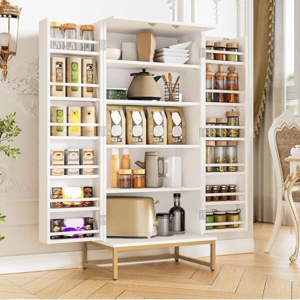 51â Pantry Cabinets, White Freestanding Kitchen Pantry Storage Cabinet with Adjustable Shelves, Buffet Cupboards Storage Cabinet for Home Office Use, White + Gold - Image 2