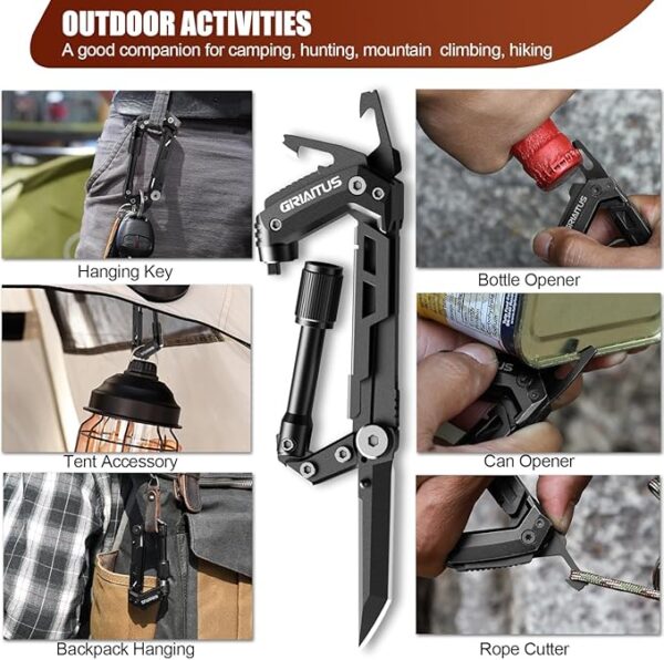 Carabiner Multitool 8-in-1 EDC Carabiners Pocket Knife, Serrated Knife, Rope Cutter, Screwdriver, Can Bottle Opener, Ruler, Survival Gear for Camping Climbing, Christmas Gifts for Men Women (Black) - Image 5