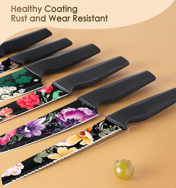 Astercook Knife Set, 12-Piece Flower Kitchen Knives Sets with Blade Guards, Dishwasher Safe, German High Carbon Stainless Steel, Perfect Gifts for Kitchen - Image 6