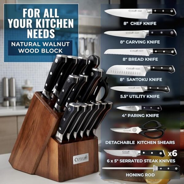 Cutluxe Knife Set with Block â 15-Piece Knife Set for Kitchen, Ultra Sharp High Carbon German Stainless Steel, Full Tang, Walnut Wood Block â Artisan Series - Image 3