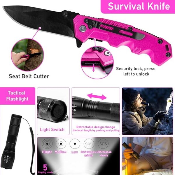 Pink Survival Kits with First Aid Kit, Hiking Camping Gear and Equipment for Women, Professional Bug Out Bag Survival Set with Molle Pouch, Outdoor Gift for Women - Image 4
