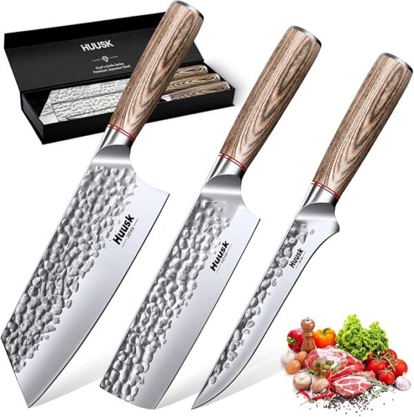 Huusk Kitchen Knife Set 3pcs - Japanese Nakiri Vegetable Knife, Meat Cleaver Boning Knife for Meat Cutting, Hand Forged Butcher Chef Knives Set for Kitchen Home Cooking, Father's Day Gifts for Men - Image 2