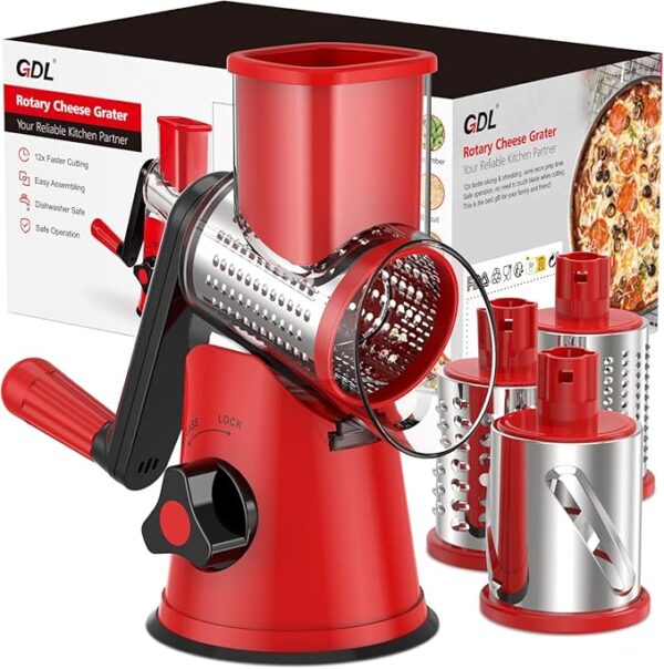Cheese Grater Rotary, Rotary Grater for Kitchen, Kitchen Grater Vegetable Slicer with 3 Drum Blades, Fast Cutting Cheese Shredder for Vegetables and Nuts - Image 2