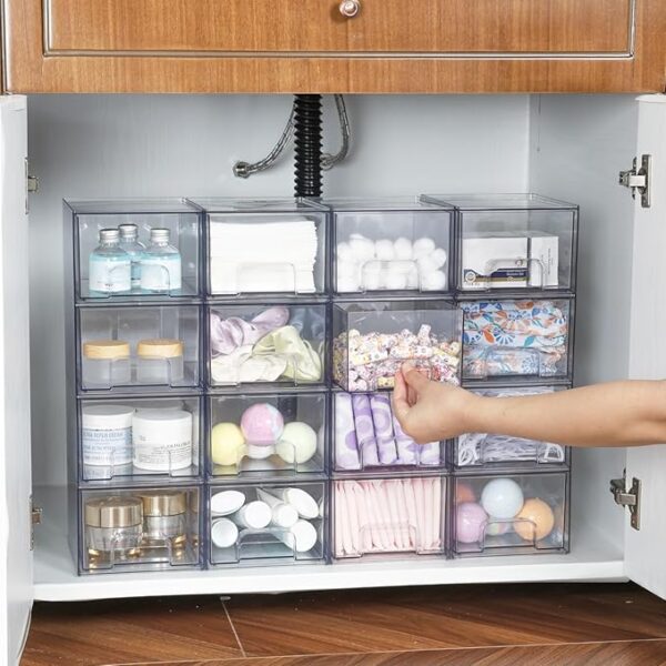 Vtopmart 4 Pack Clear Stackable Storage Drawers, 4.4'' Tall Acrylic Bathroom Makeup Organizer,Plastic Storage Bins For Vanity, Undersink, Kitchen Cabinets, Pantry, Home Organization - Image 6