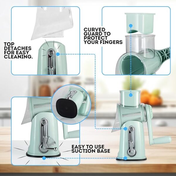 5 in1 Rotary Cheese Grater with Handle, Rotary Grater, Vegetable Slicer, Shredder, Carrot Grater, Nut Grinder, and Chocolate Shaver (Light Green) - Image 4