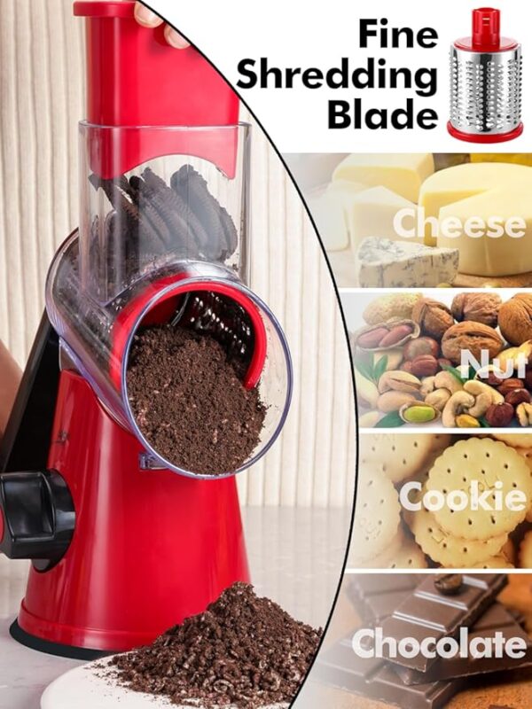 Rotary Cheese Grater with Handle - 3 in 1 Cheese Shredder Rotary Grater Stainless Steel Handheld, Vegetable Slicer for Fruit, Cheese, Nuts(Red) - Image 5