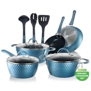 NutriChef 11 Pc Pots and Pans Set Non Stick Cookware with Ceramic Coating, Ergonomic Handles, Induction Ready, Includes Saucepan, Dutch Oven, Large & Small Fry Pans, Royal Blue