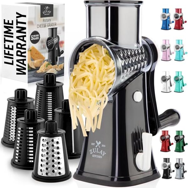 Zulay Kitchen Rotary Cheese Grater 5 Blade Cheese Shredder - Manual Hand Crank Cheese Grater With Reinforced Suction & 5 Interchangeable Drums - Easy to Use, Vegetable Chopper Round Mandoline Slicer - Image 2