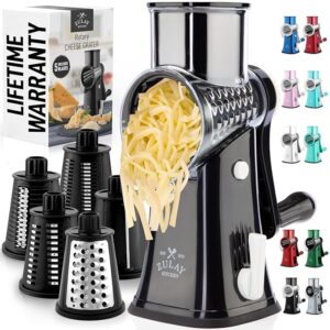 Zulay Kitchen Rotary Cheese Grater 5 Blade Cheese Shredder - Manual Hand Crank Cheese Grater With Reinforced Suction & 5 Interchangeable Drums - Easy to Use, Vegetable Chopper Round Mandoline Slicer