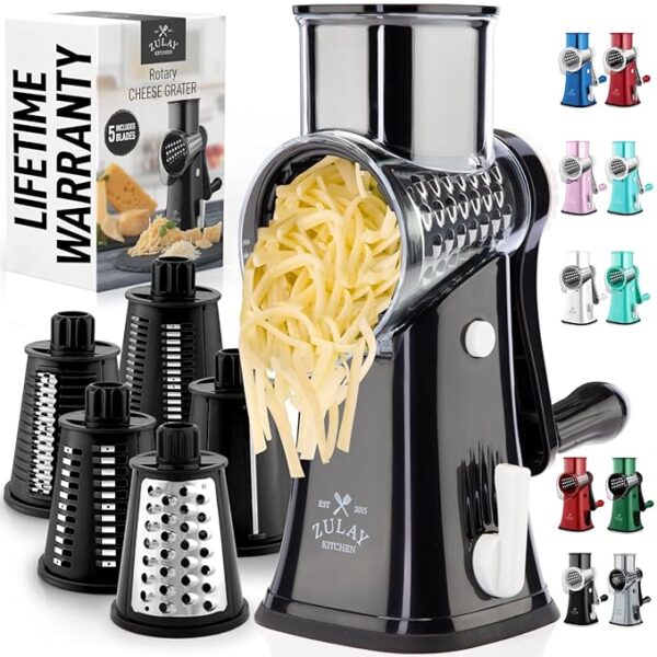Zulay Kitchen Rotary Cheese Grater 5 Blade Cheese Shredder - Manual Hand Crank Cheese Grater With Reinforced Suction & 5 Interchangeable Drums - Easy to Use, Vegetable Chopper Round Mandoline Slicer