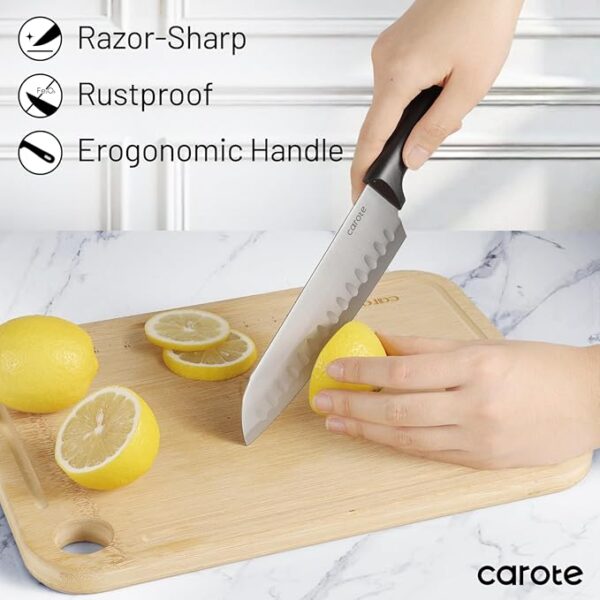 CAROTE 16 Pieces Kitchen Utensils Set, Silicone Cooking Utensils Set with Wooden Handle, Stainless Steel Knife Set with Block, Kitchen Utensil Gadgets Cutlery with Anti-slip Handle, Black - Image 4