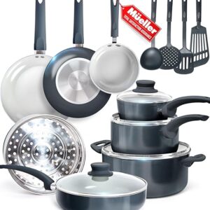 Mueller 16-Piece Healthy Stone Pots and Pans Set Non Stick, Non Toxic Ceramic Cookware Set, Dishwasher Safe, w Frying Pans, Sauce Pan, Steamer, Vac-Free Vented Glass Lids, Kitchen Utensils, Slate