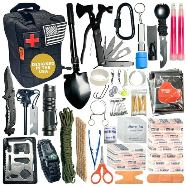 GunZee 175-Piece Survival Kit, First Aid Kit for Emergency and Outdoor Adventures, IFAK, Fishing Gear, MOLLE-Compatible Bag, Car Travel, Camping, Hiking, Earthquake, Tornado, Gifts for Men and Women
