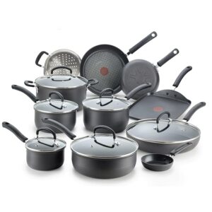 T-fal Ultimate Hard Anodized Nonstick Cookware Set 17 Piece, Oven Broiler Safe 400F, Lid Safe 350F, Kitchen Cooking Set w/Fry Pans, Saucepans, Saute Pan, Griddle, Pots and Pans, Dishwasher Safe Black