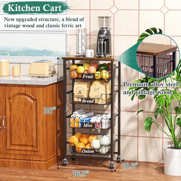 Fruit Basket, 5-Tier Utility Kitchen Organizer and Storage Cart with Pull-Out Baskets and Wood Top, Rolling Pantry Kitchen Cart on Wheels for Fruit Potato Onion Vegetable Snack Produce - Image 3