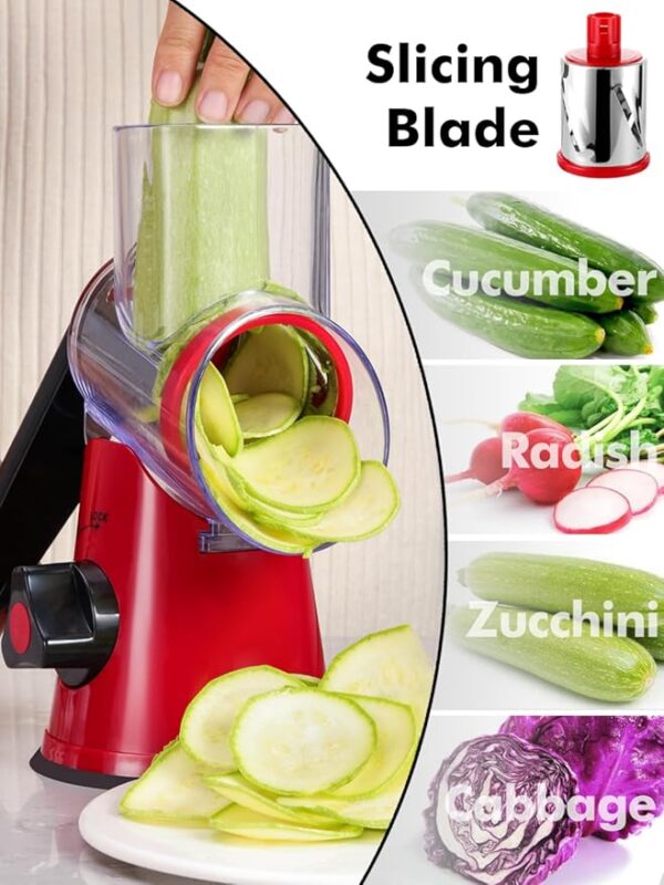 Rotary Cheese Grater with Handle - 3 in 1 Cheese Shredder Rotary Grater Stainless Steel Handheld, Vegetable Slicer for Fruit, Cheese, Nuts(Red) - Image 6