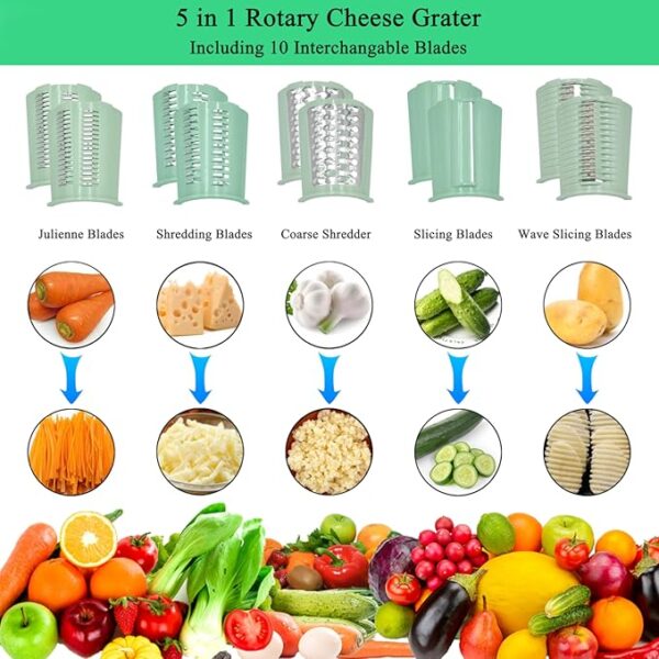 Rotary Cheese Grater, Multifunctional 5 in 1 Cheese Grater with Handle, Kicthen Mandoline Vegetable Slicer with Suction Base, Replaceable Stainless Blades Cheese Shredder for Fruits, Green - Image 3