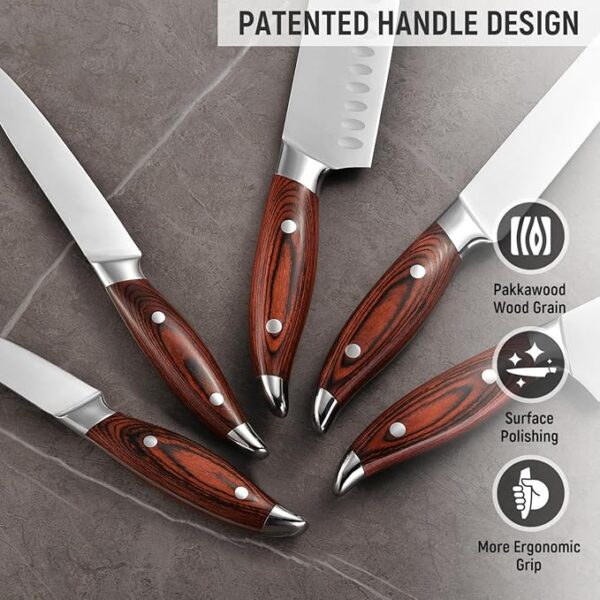 5-Piece kitchen knife set - Ultra-Sharp High Carbon Stainless Steel Blades with Ergonomic Pakkawood Handles, Professional Kitchen Knives Sets, Elegant Gift Box Packaging - Image 5