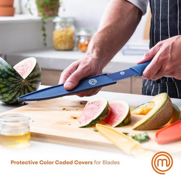 MasterChef Kitchen Knife Set with Covers incl. Paring, Boning, Carving, Bread, Santoku & Chef Knife, Sharp Cutting Stainless Steel Blades with Sheaths, 12 Piece (6 Colored Kitchen Knives & 6 Covers) - Image 4