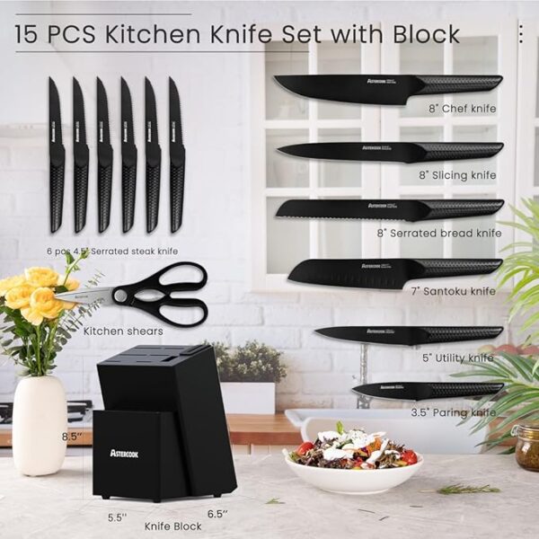 Astercook Knife Set, 15 Pieces Kitchen Knife Sets with Block and Built-in Knife Sharpener, German Stainless Steel Handle One-Piece Design Knives Block Set Dishwasher Safe, Black - Image 3