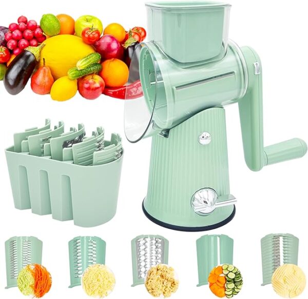 Rotary Cheese Grater, Multifunctional 5 in 1 Cheese Grater with Handle, Kicthen Mandoline Vegetable Slicer with Suction Base, Replaceable Stainless Blades Cheese Shredder for Fruits, Green - Image 2