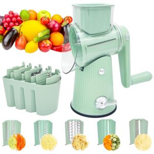 Rotary Cheese Grater, Multifunctional 5 in 1 Cheese Grater with Handle, Kicthen Mandoline Vegetable Slicer with Suction Base, Replaceable Stainless Blades Cheese Shredder for Fruits, Green