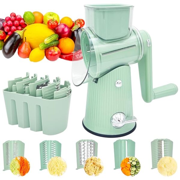 Rotary Cheese Grater, Multifunctional 5 in 1 Cheese Grater with Handle, Kicthen Mandoline Vegetable Slicer with Suction Base, Replaceable Stainless Blades Cheese Shredder for Fruits, Green