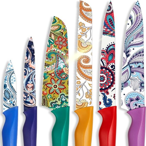 Astercook Paisley Pattern Knife Set with Cover, Dishwasher Safe Colorful Knives with 6 Knife Sheath, German Stainless Steel Rainbow Knife Set - Image 2