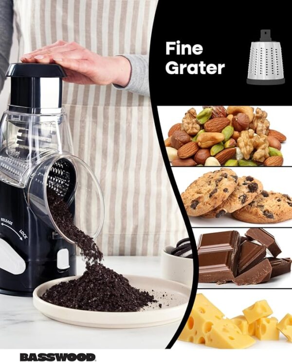 BASSWOOD Rotary Cheese Grater with Handle - Mandoline Slicer with 3 Stainless Steel Drum Blades-Vegetable Slicer Walnuts Grinder Cheese Shredder Round Mandoline with Peeler (Black) - Image 5