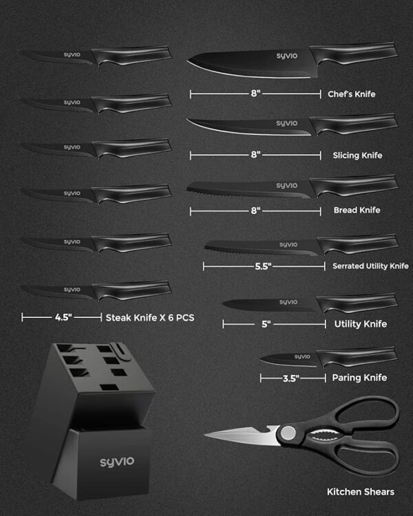 syvio Block Knife Set, 15 Pcs Kitchen Knife Set with Block and Sharpener, with Heavy Poultry Shears and 6pcs Serrated Steak Knives Razor-Sharp, Stainless Steel, Lightweight, Anti-Slip Handle - Image 11
