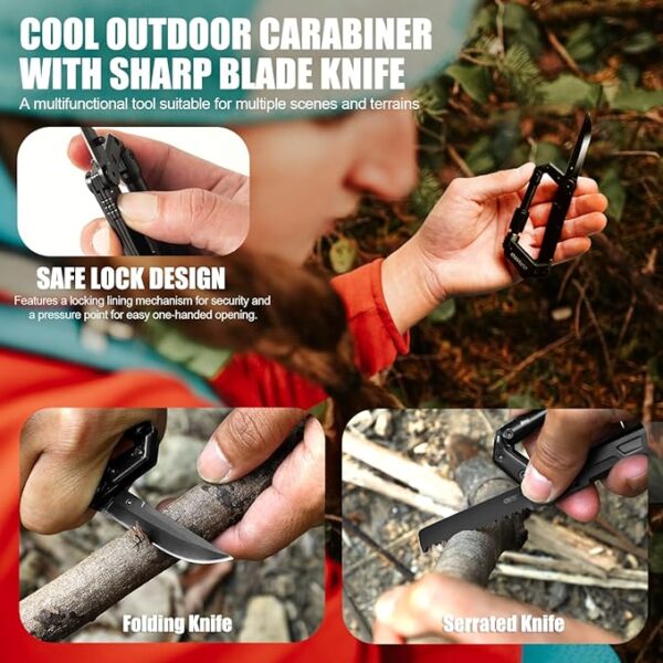 Carabiner Multitool 8-in-1 EDC Carabiners Pocket Knife, Serrated Knife, Rope Cutter, Screwdriver, Can Bottle Opener, Ruler, Survival Gear for Camping Climbing, Christmas Gifts for Men Women (Black) - Image 6