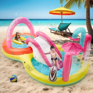Inflatable Kiddie Pool with Water Slide, 110” x 66” x40” Play Center Fun Summer Water Toys for Kids, Outdoor Water Toys for Toddlers with Sprayers, Ring Toss & Ball Game
