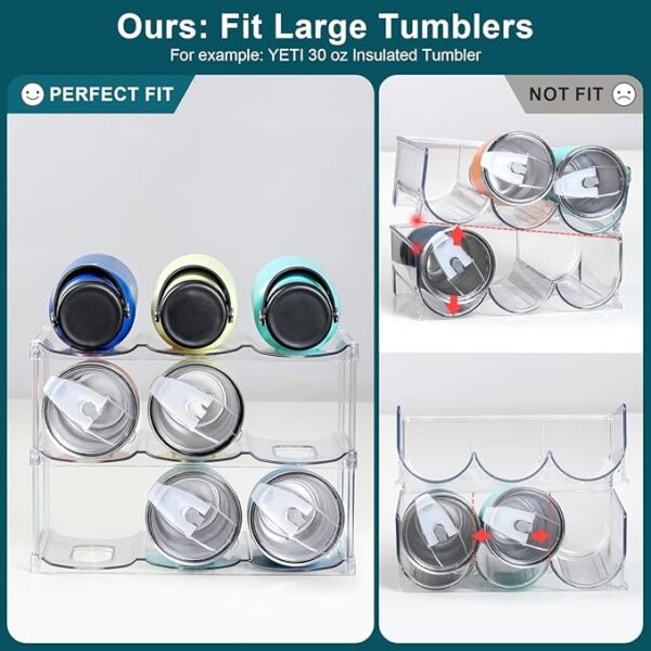 LARGER Compartment - Stackable Water Bottle Organizer Holder - for Stanley & Others' Large Tumbler - Clear Wine Rack, Cup Bottle Holder for Cabinet Home Countertop Fridge Pantry Shelf, 3 Tier Hold 9 - Image 3