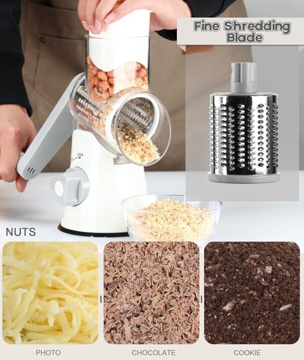 Ourokhome Rotary Cheese Grater Hand Crank, Kitchen Shredder Speed Mandolin Slicer Nuts Grinder with Handle and Drum Blades for Cheese, Vegetable, Walnuts, Chocolate, Potato, Carrot, 3 Blades, White - Image 6