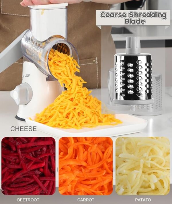 Ourokhome Rotary Cheese Grater Hand Crank, Kitchen Shredder Speed Mandolin Slicer Nuts Grinder with Handle and Drum Blades for Cheese, Vegetable, Walnuts, Chocolate, Potato, Carrot, 3 Blades, White - Image 4