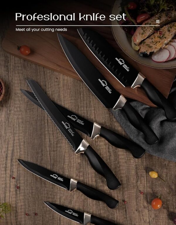 Knife Set, Amorston 15 Pieces Knife Sets for Kitchen with Block, Dishwasher Safe Kitchen Knife Set with Built in Sharpener Block, German Stainless Steel Knife Block Set, Black - Image 5
