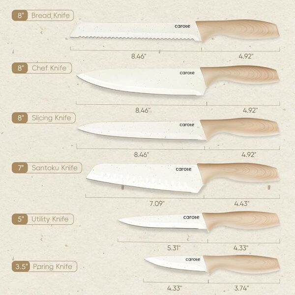CAROTE 12PCS Knife set with Blade Guards,Granite Nonstick Ceramic Coating,Stainless Steel blade, Wooden Handle, Essential knife set,White - Image 3