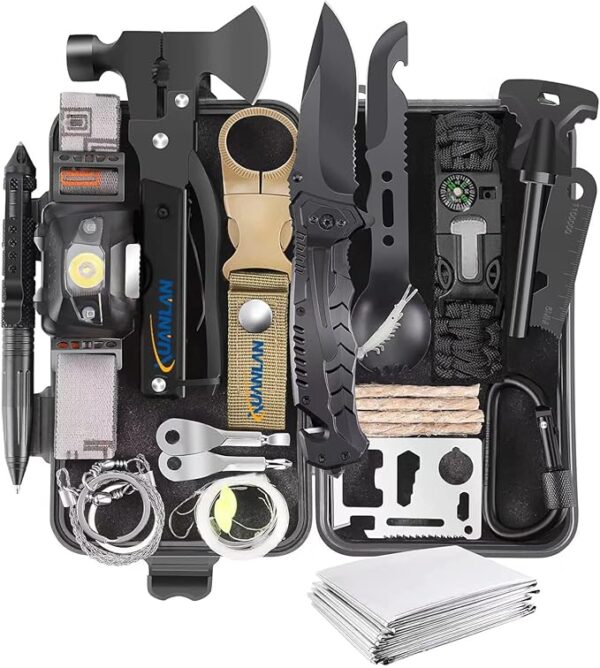 XUANLAN Emergency Survival Kit, Outdoor Survival Gear Tool with Survival Bracelet, Fire Starter, Whistle, Wood Cutter, Water Bottle Clip, Pen (29 in 1) - Image 2